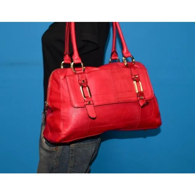 B Makowsky Cherry Red Leather Satchel With Muted Gold Accents