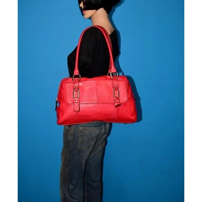B Makowsky Cherry Red Leather Satchel With Muted Gold Accents