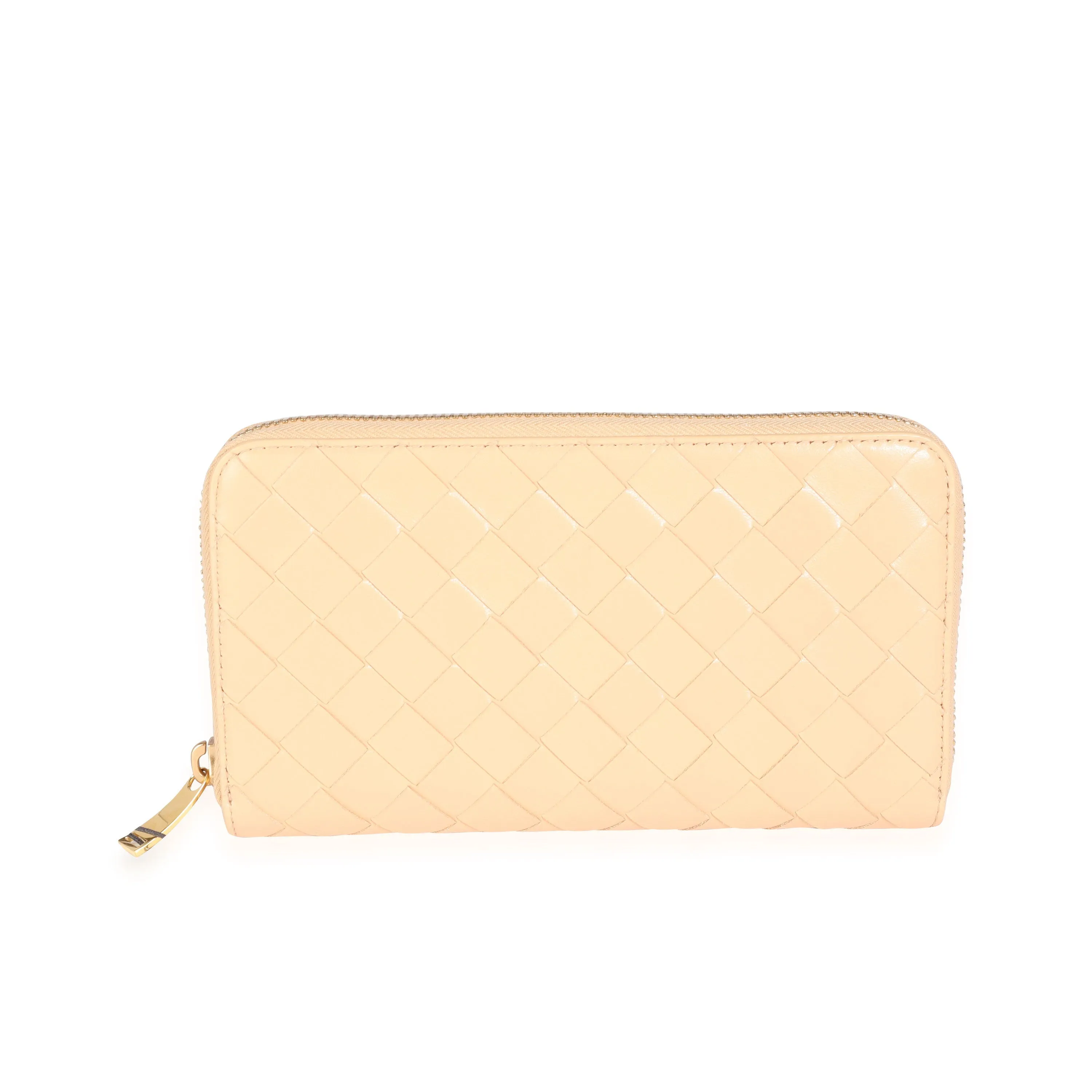 Bottega Veneta Almond Intrecciato Woven Lambskin Zip Around Wallet