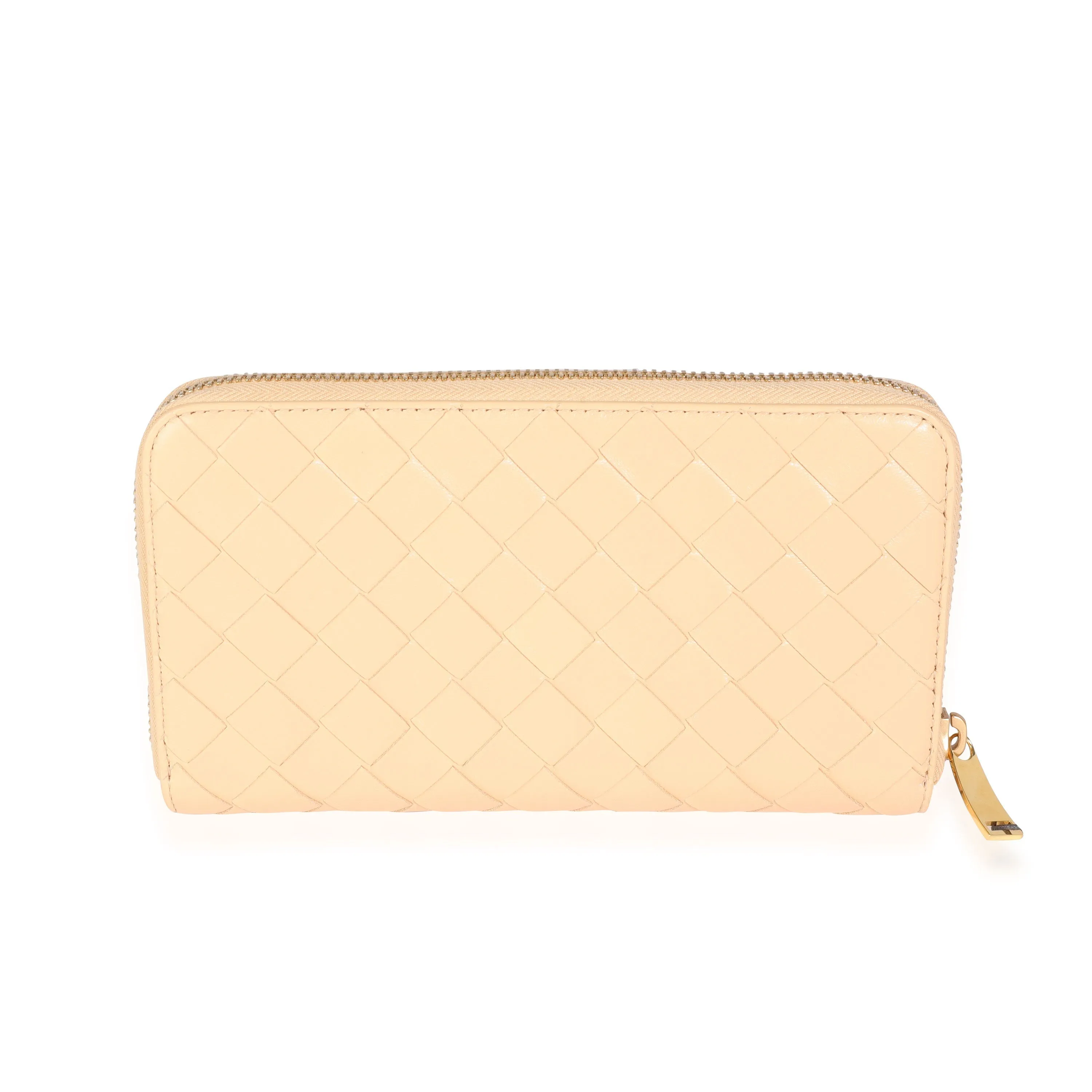 Bottega Veneta Almond Intrecciato Woven Lambskin Zip Around Wallet