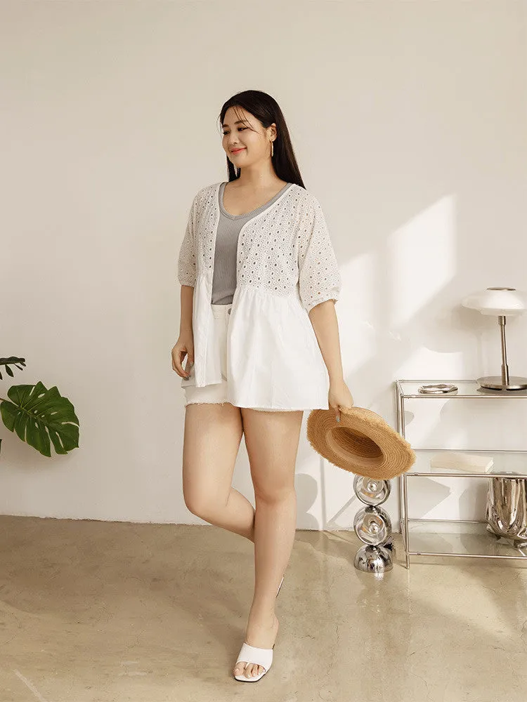 Casual Basic White Eyelet Cotton Cardigan Jacket Top