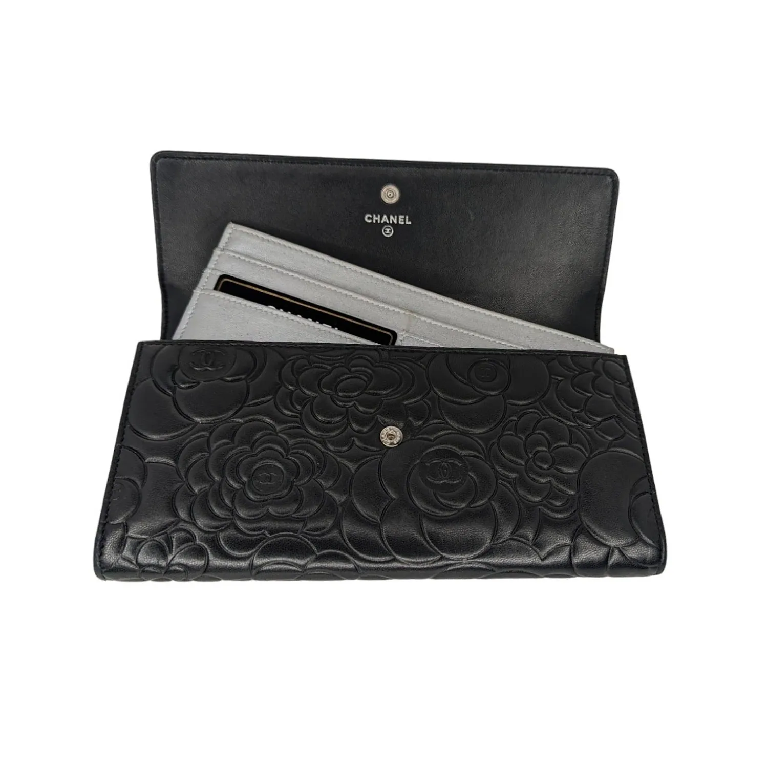 Chanel Camellia Embossed Large Flap Clutch Wallet with Card Insert
