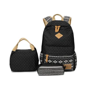 Dot Prints 3 pieces/set Casual Backpack for School Canvas Schoolbag Lunch Bag and Pencil Case