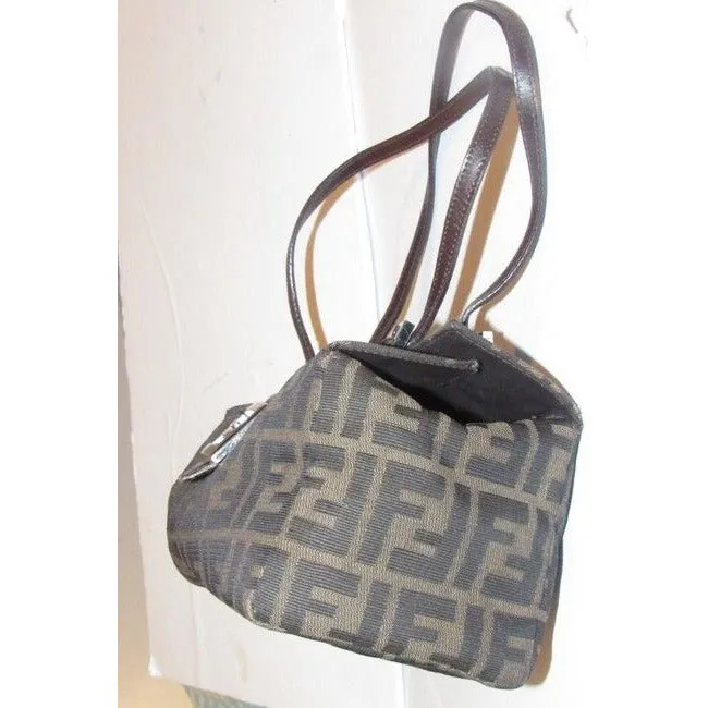 Fendi Ltd Ed Structured Lunchbox Purse Tobacco Zucca Print Leather Satchel