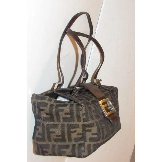 Fendi Ltd Ed Structured Lunchbox Purse Tobacco Zucca Print Leather Satchel