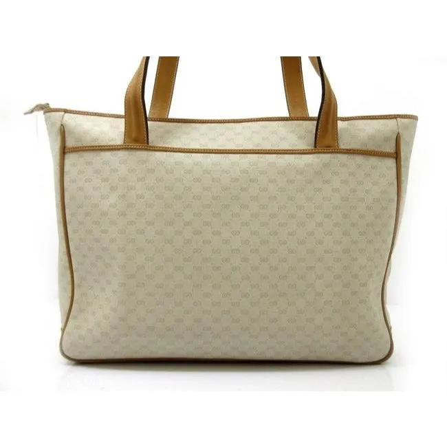 Gucci Vintage Ivory Coated Canvas With Camel Small G Logo Print And Camel Leather