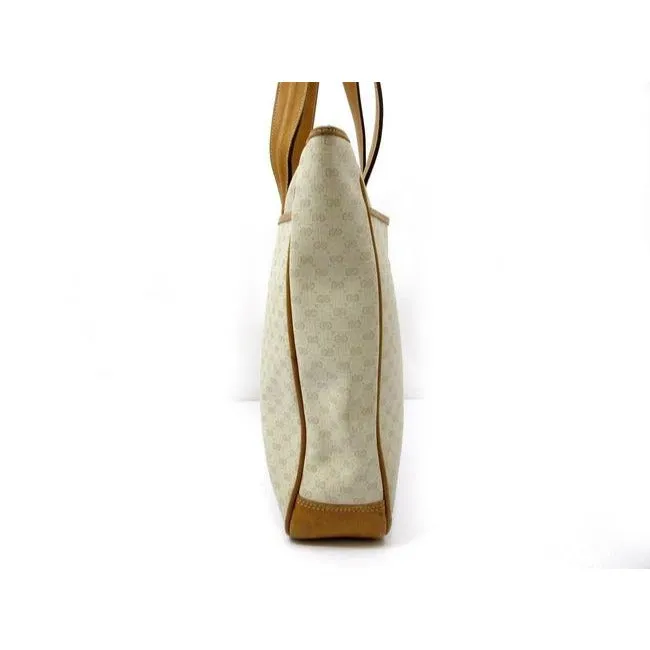 Gucci Vintage Ivory Coated Canvas With Camel Small G Logo Print And Camel Leather
