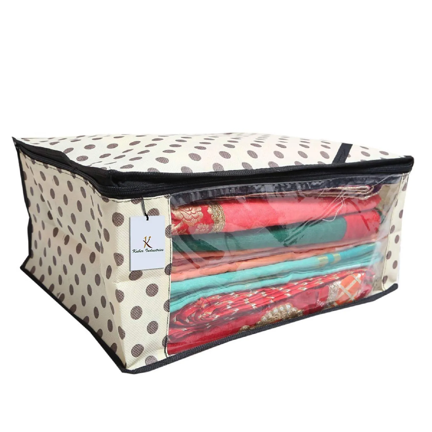 Kuber Industries 6 Pieces Polka Dots Designer Non Woven Saree Cover Set, Lvory