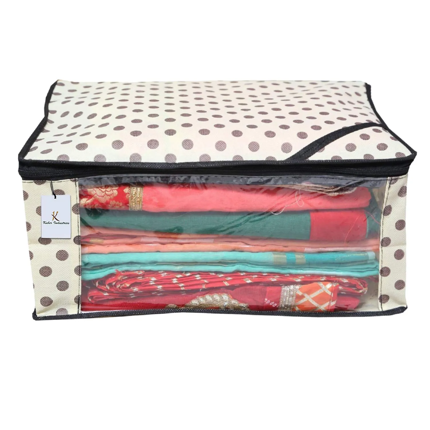 Kuber Industries 6 Pieces Polka Dots Designer Non Woven Saree Cover Set, Lvory
