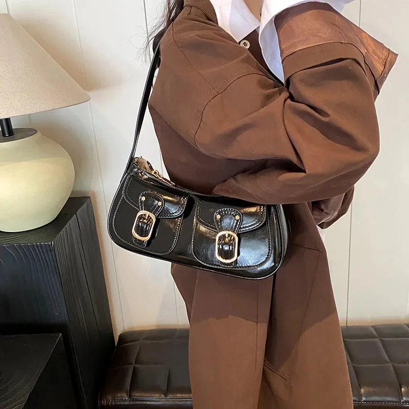 Leather Crossbody Bags Women Small Retro Zipper Underarm Outer Flap Pockets Handbag