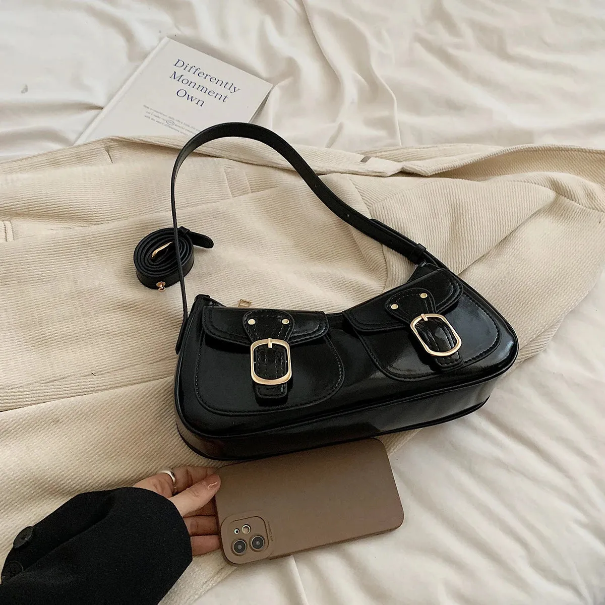 Leather Crossbody Bags Women Small Retro Zipper Underarm Outer Flap Pockets Handbag