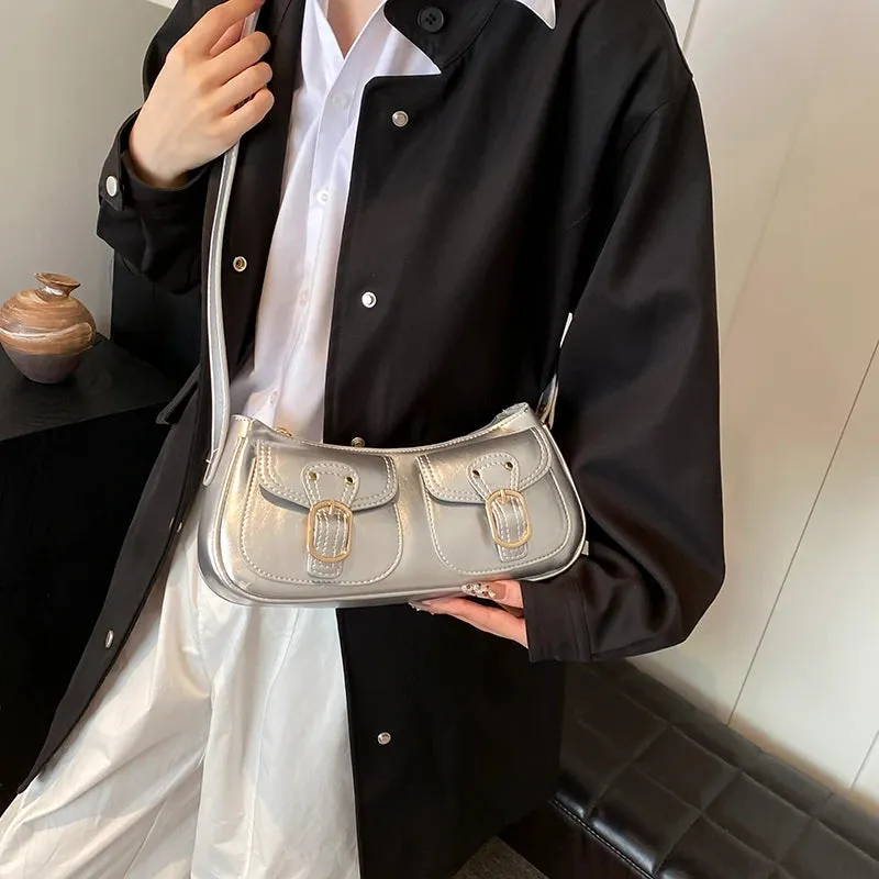 Leather Crossbody Bags Women Small Retro Zipper Underarm Outer Flap Pockets Handbag