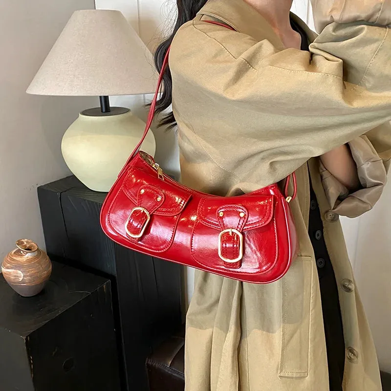 Leather Crossbody Bags Women Small Retro Zipper Underarm Outer Flap Pockets Handbag