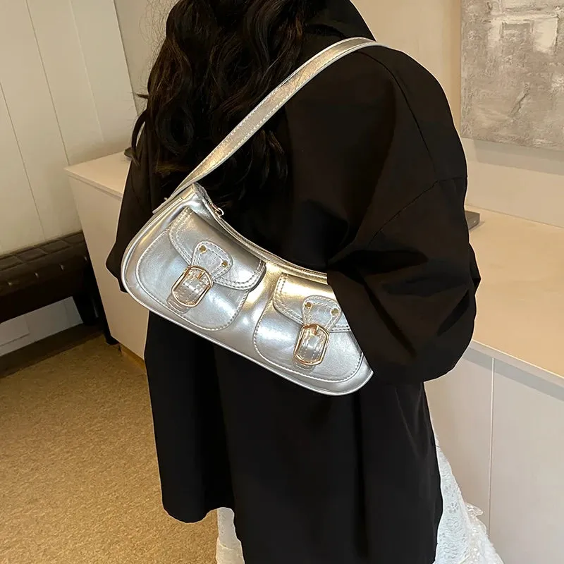 Leather Crossbody Bags Women Small Retro Zipper Underarm Outer Flap Pockets Handbag