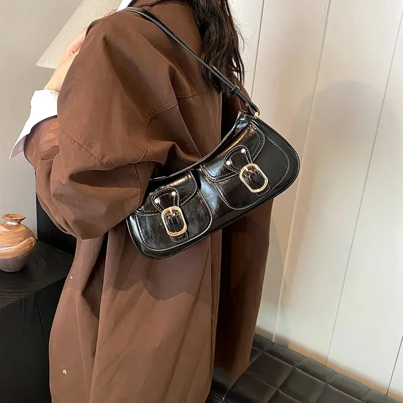 Leather Crossbody Bags Women Small Retro Zipper Underarm Outer Flap Pockets Handbag