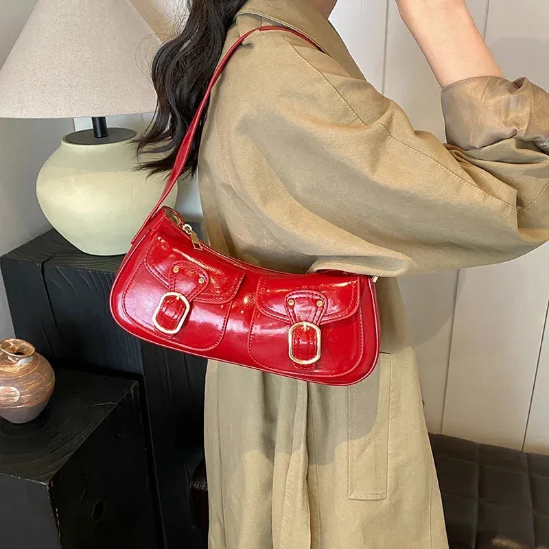 Leather Crossbody Bags Women Small Retro Zipper Underarm Outer Flap Pockets Handbag