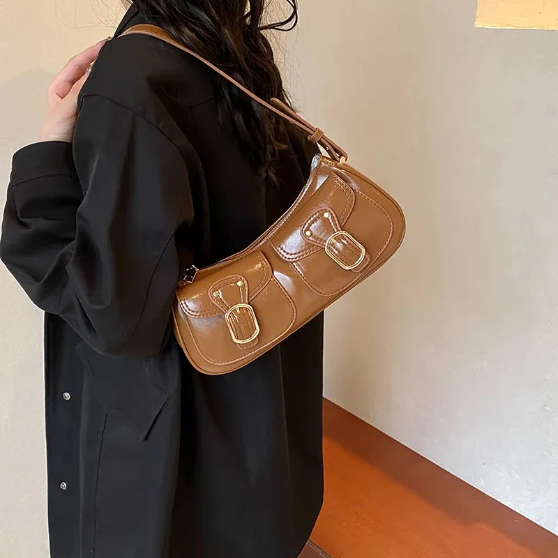 Leather Crossbody Bags Women Small Retro Zipper Underarm Outer Flap Pockets Handbag