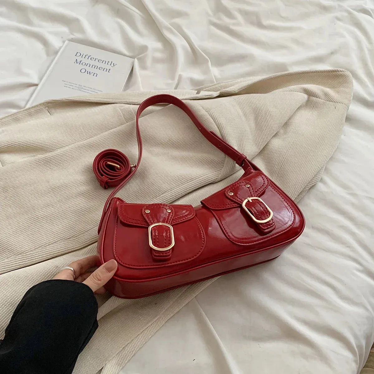 Leather Crossbody Bags Women Small Retro Zipper Underarm Outer Flap Pockets Handbag
