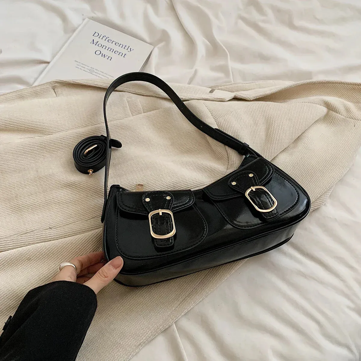 Leather Crossbody Bags Women Small Retro Zipper Underarm Outer Flap Pockets Handbag