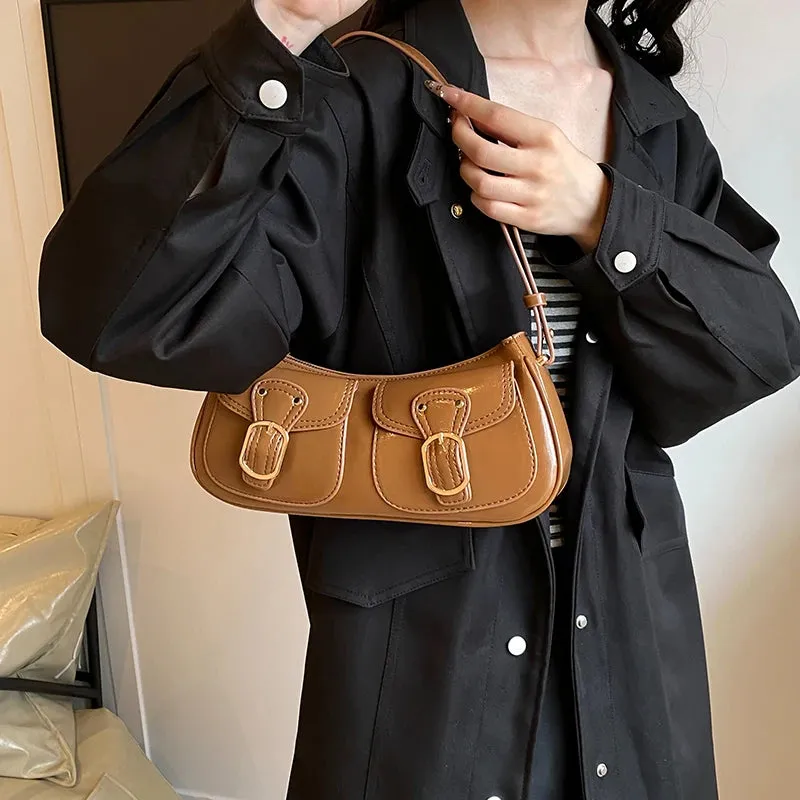 Leather Crossbody Bags Women Small Retro Zipper Underarm Outer Flap Pockets Handbag