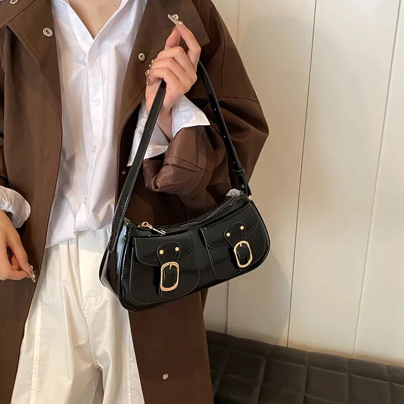 Leather Crossbody Bags Women Small Retro Zipper Underarm Outer Flap Pockets Handbag