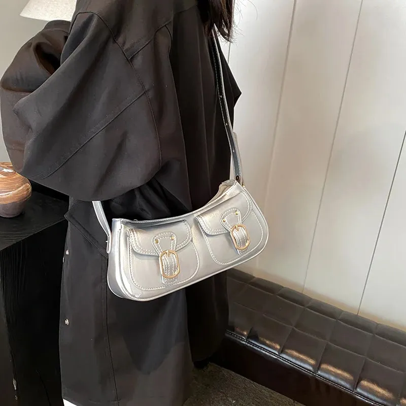 Leather Crossbody Bags Women Small Retro Zipper Underarm Outer Flap Pockets Handbag