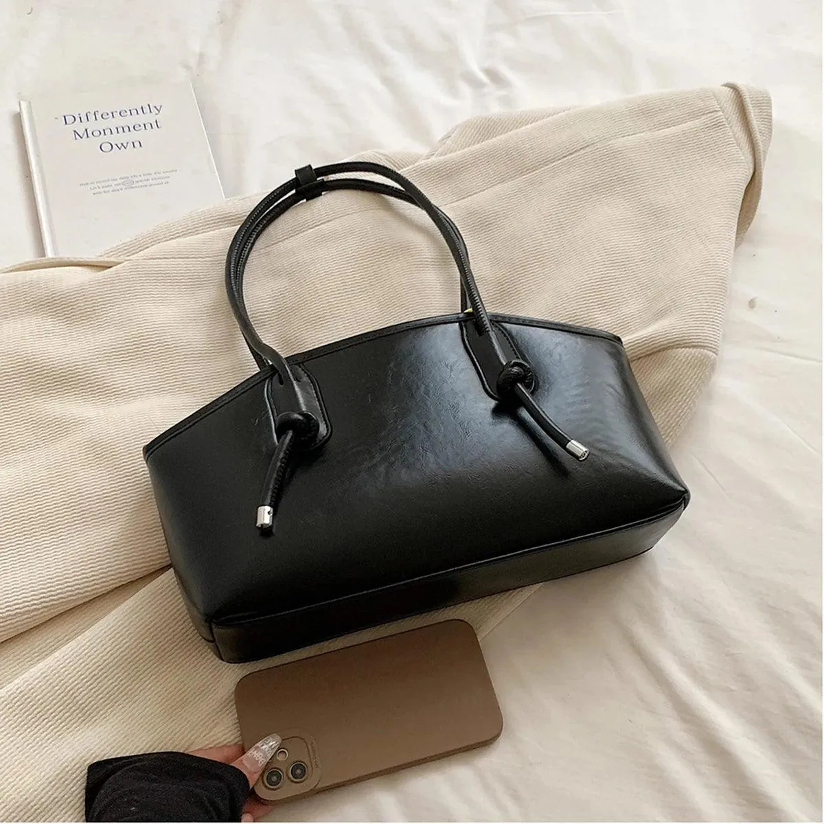 Leather Tote Bags Women Large Trapezoid Zipper Double Handles Handbag Purses