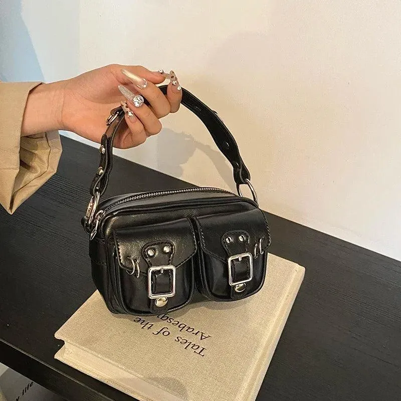 Mini Tote Bags Retro Women's Outer Flap Belted Pockets Leather Zipper Crossbody