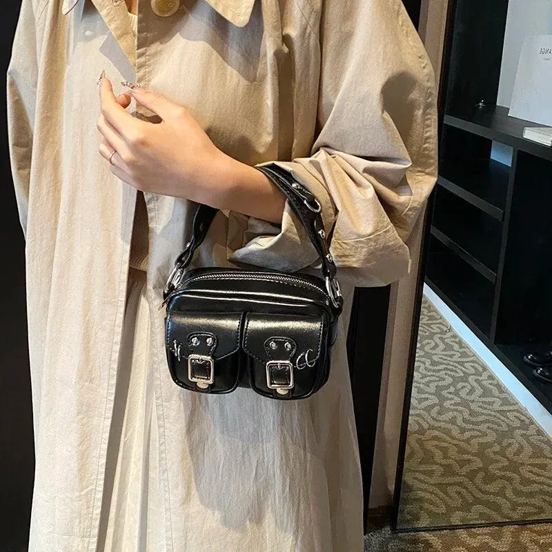 Mini Tote Bags Retro Women's Outer Flap Belted Pockets Leather Zipper Crossbody