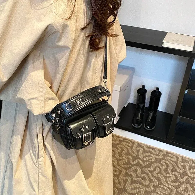 Mini Tote Bags Retro Women's Outer Flap Belted Pockets Leather Zipper Crossbody