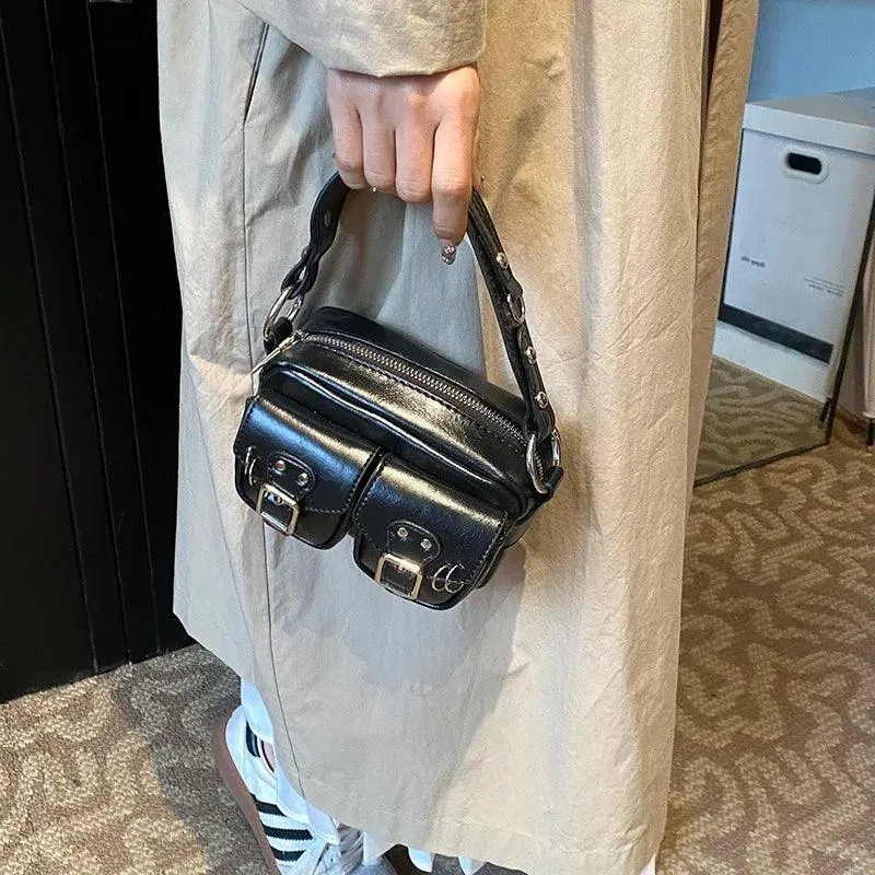 Mini Tote Bags Retro Women's Outer Flap Belted Pockets Leather Zipper Crossbody