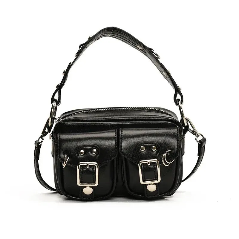 Mini Tote Bags Retro Women's Outer Flap Belted Pockets Leather Zipper Crossbody