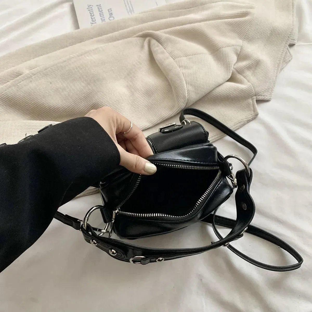 Mini Tote Bags Retro Women's Outer Flap Belted Pockets Leather Zipper Crossbody