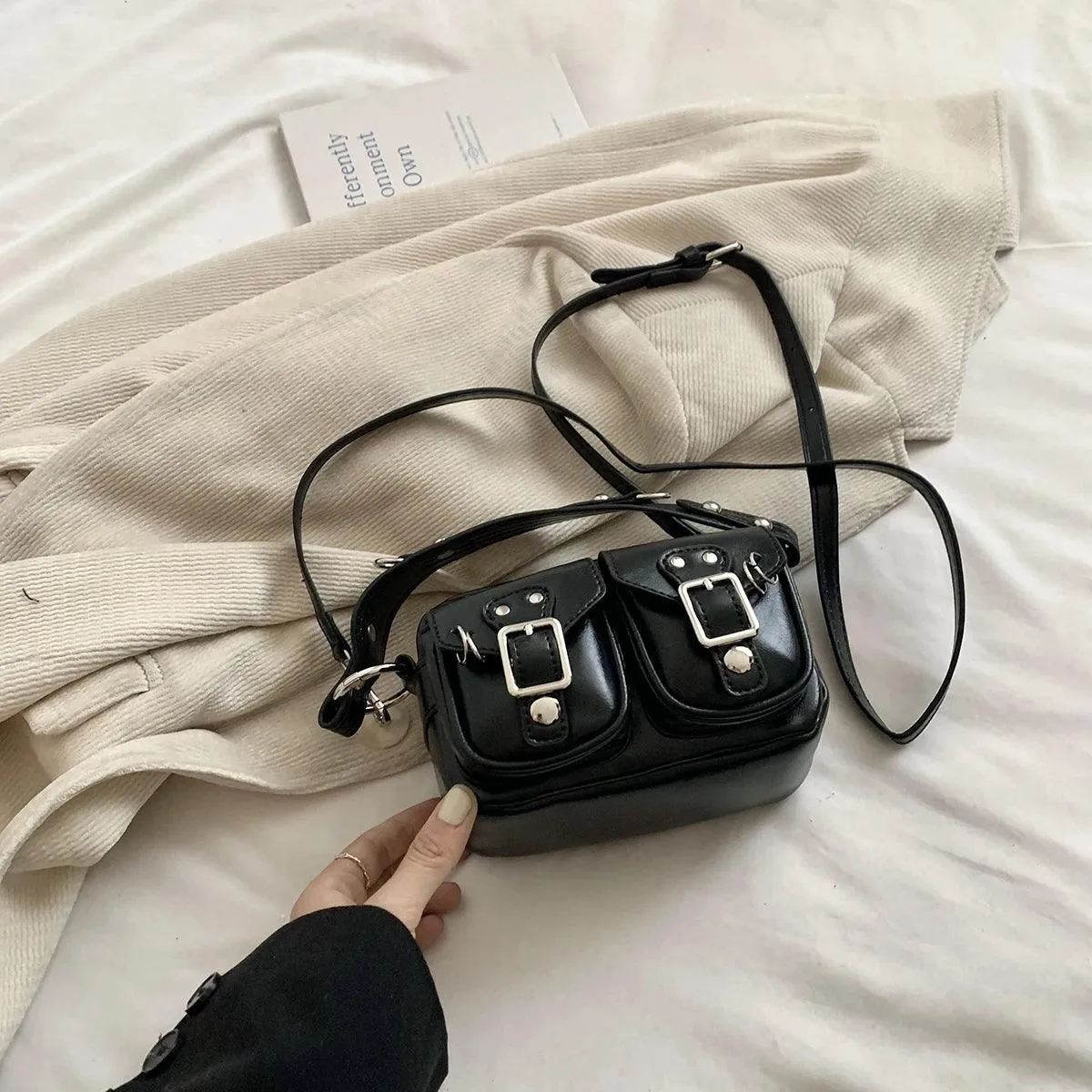 Mini Tote Bags Retro Women's Outer Flap Belted Pockets Leather Zipper Crossbody
