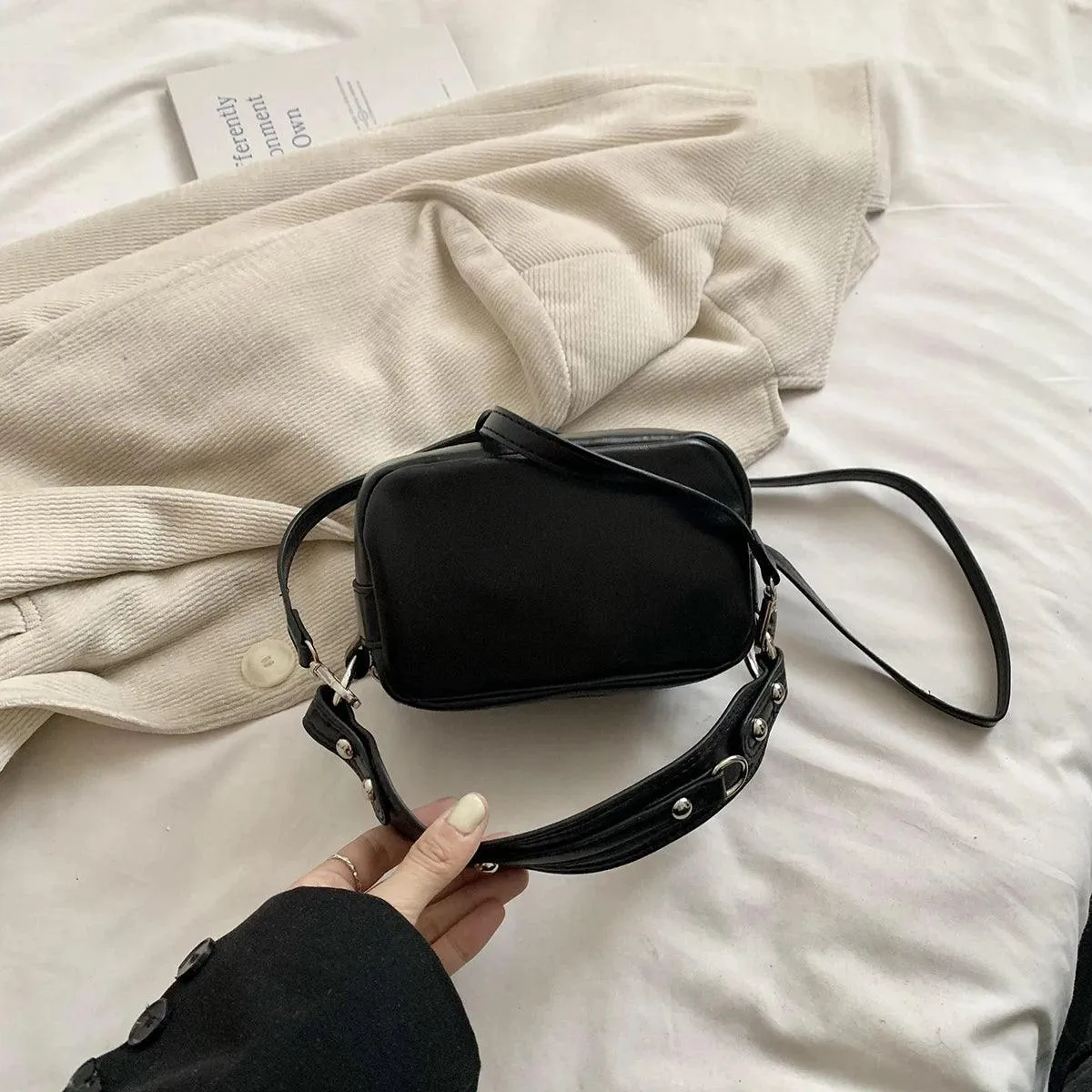 Mini Tote Bags Retro Women's Outer Flap Belted Pockets Leather Zipper Crossbody